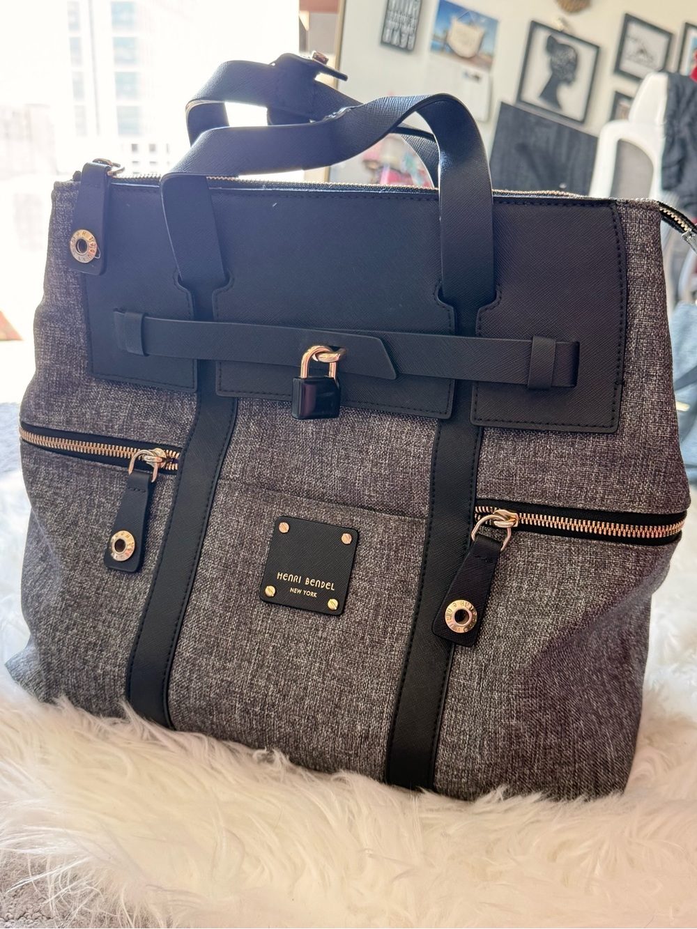 Henri Bendel Jetsetter Tweed Black
and Gray Canvas Saffiano Leather